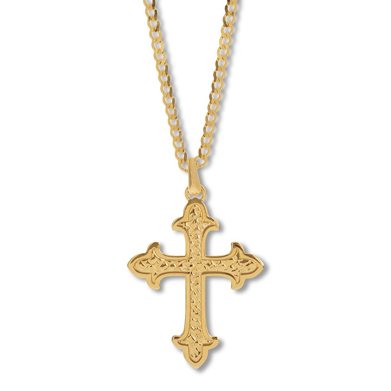 Textured Cross Necklace Yellow Gold Plated 24"