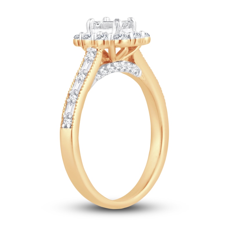 Diamond Engagement Ring 3/4 ct tw Emerald, Round, Baguette Yellow Gold Plated