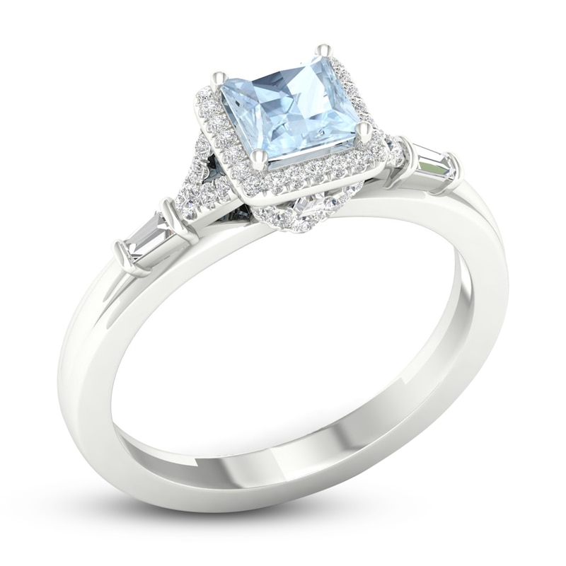 Aquamarine & Diamond Engagement Ring 1/4 ct tw Square, Round & Baguette-Cut White Gold Plated