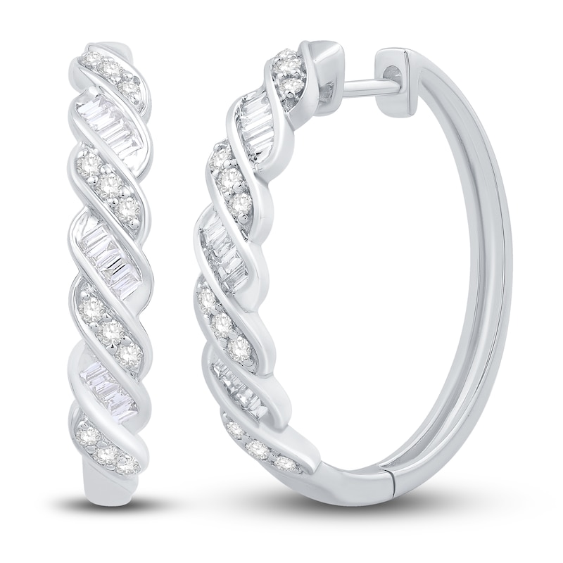 Diamond Twist Hoop Earrings 3/8 ct tw Baguette & Round-cut White Gold Plated