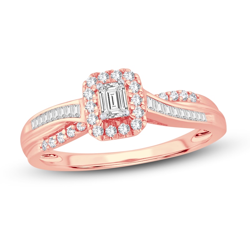 Diamond Engagement Ring 3/8 ct tw Emerald, Baguette & Round Rose Gold Plated