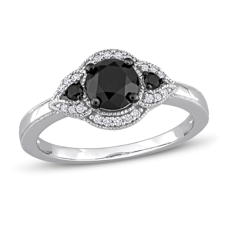 Three-Stone Black & White Diamond Engagement Ring 1/2 ct tw Round-cut White Gold Plated