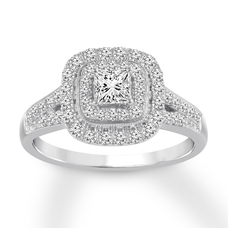 Diamond Engagement Ring 7/8 ct tw Princess & Round White Gold Plated