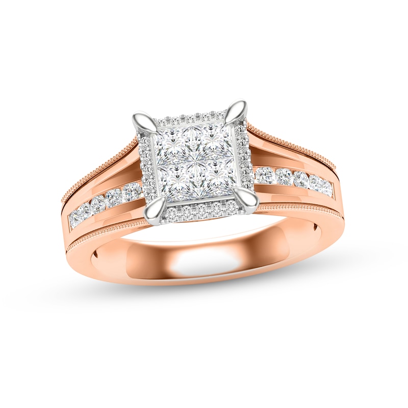 Multi-Diamond Engagement Ring 3/4 ct tw Princess & Round-cut Rose Gold Plated