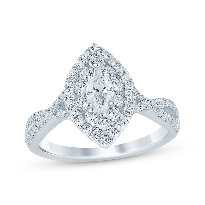 Marquise-Cut Diamond Double-Halo Twist Engagement Ring 1 ct tw White Gold Plated