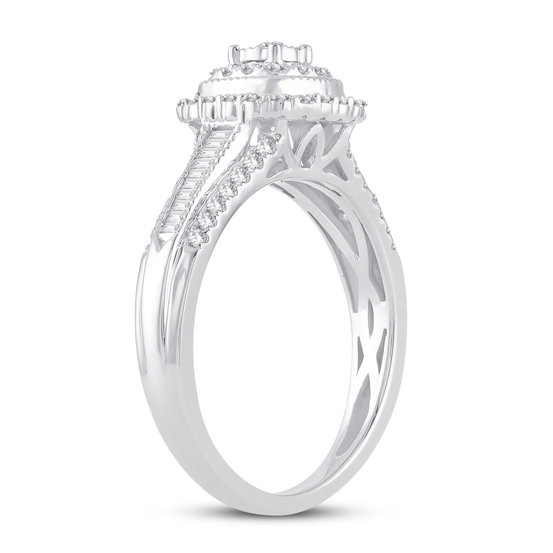 Diamond Engagement Ring 1/2 ct tw Round & Baguette White Gold Plated