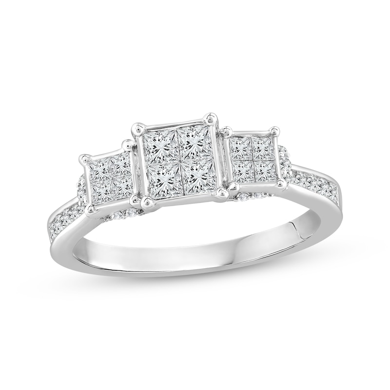 Princess & Round-Cut Diamond Three-Stone Engagement Ring 3/4 ct tw White Gold Plated