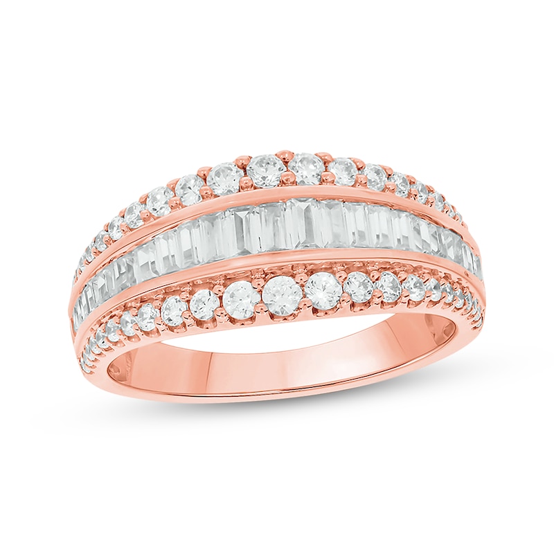 Baguette & Round-Cut Diamond Three-Row Anniversary Band 1 ct tw Rose Gold Plated
