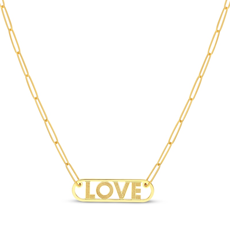 "Love" Paperclip Necklace Yellow Gold Plated 18"