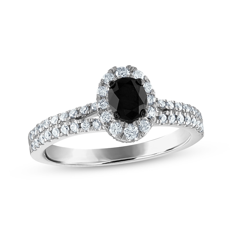 Oval-Cut Black Diamond & White Diamond Split Shank Halo Engagement Ring 1 ct tw White Gold Plated