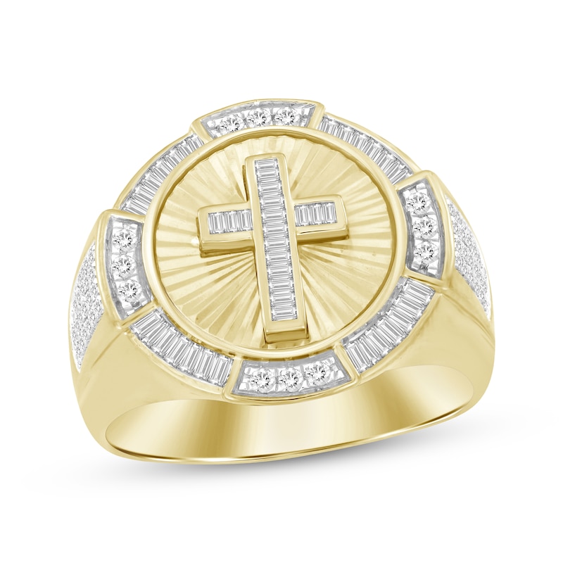 Men's Diamond Cross Signet Ring 1/2 ct tw Baguette & Round-cut Yellow Gold Plated