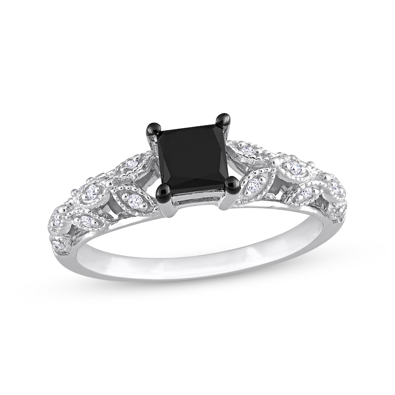 Vintage-Style Princess-Cut Black & Round-Cut White Diamond Engagement Ring 7/8 ct tw White Gold Plated