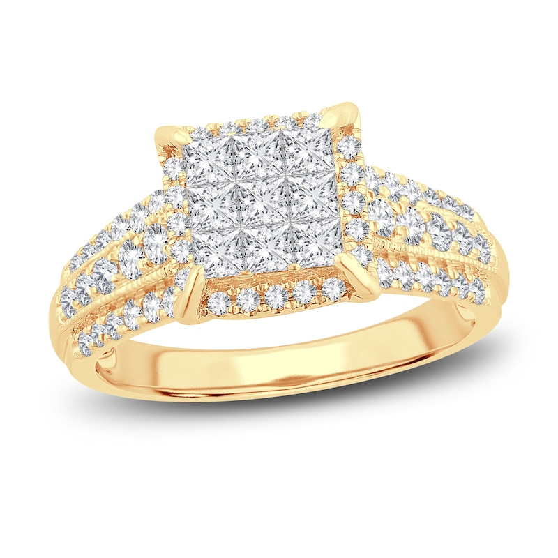 Multi-Diamond Engagement Ring 1 ct tw Princess & Round Yellow Gold Plated
