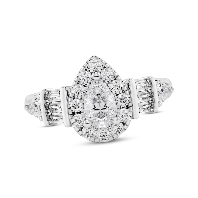 Diamond Engagement Ring 1-1/4 ct tw Pear, Round & Baguette-cut White Gold Plated