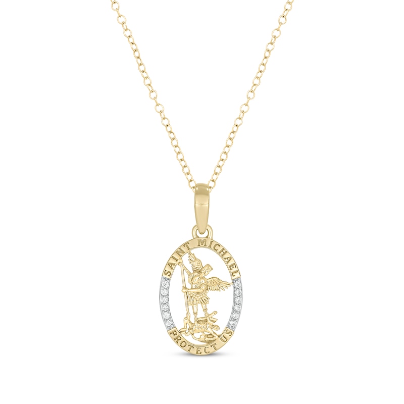 Round-Cut Diamond Saint Michael Oval Necklace 1/6 ct tw Yellow Gold Plated 18"