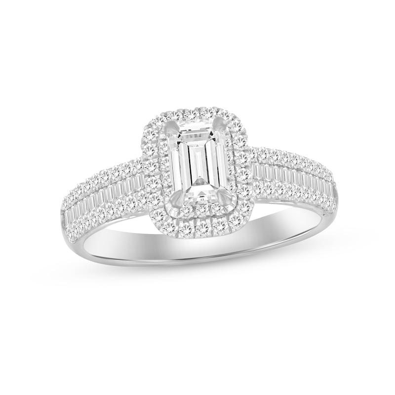 Diamond Engagement Ring 1 ct tw Emerald, Round & Baguette-cut White Gold Plated