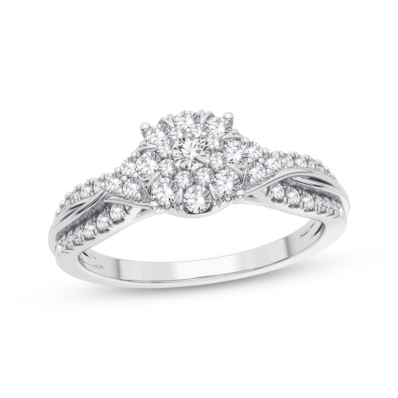 Multi-Diamond Center Engagement Ring 3/8 ct tw Round-cut White Gold Plated