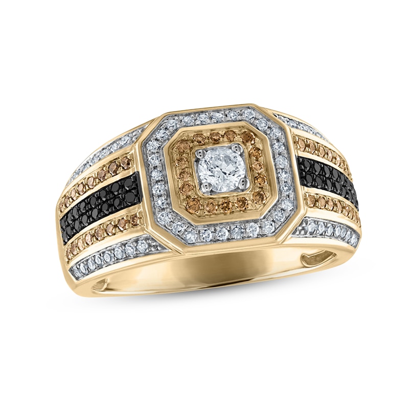 Men's Black, Brown & White Diamond Octagon Ring 7/8 ct tw Round-cut Yellow Gold Plated