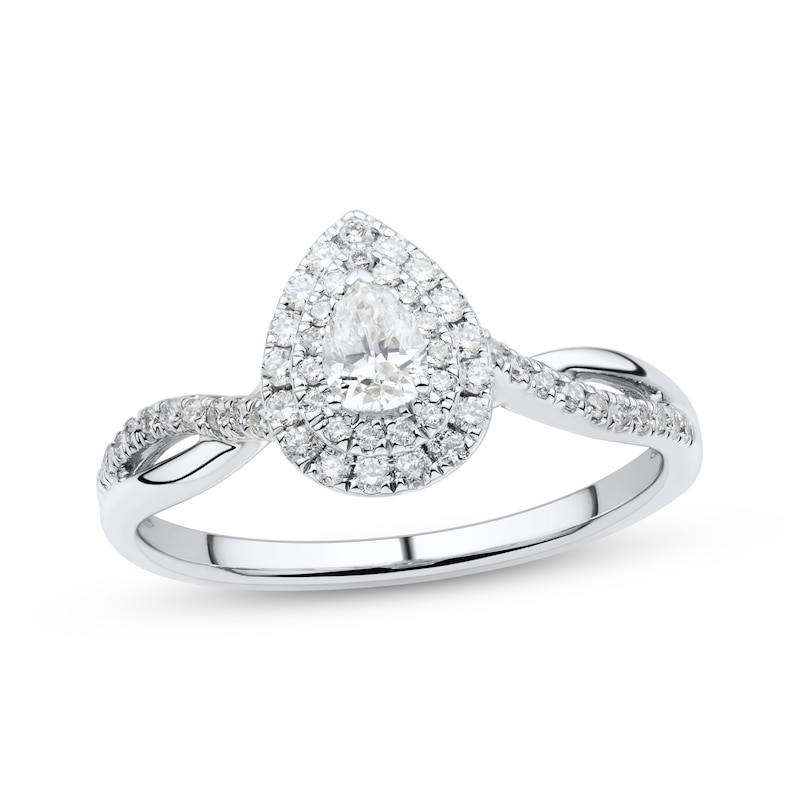 Diamond Engagement Ring 1/2 ct tw Pear & Round White Gold Plated