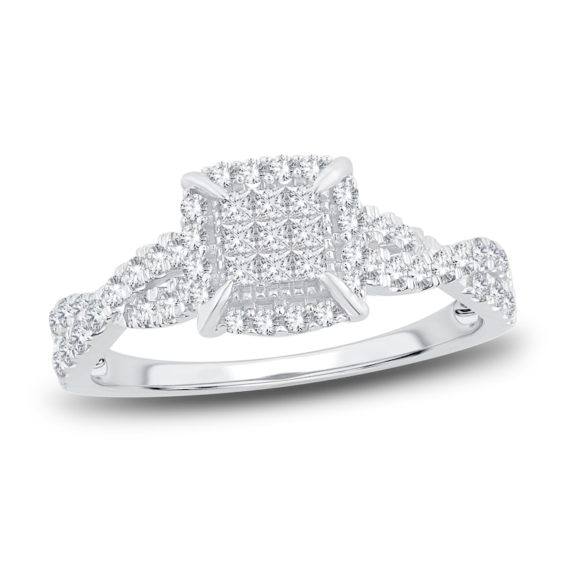 Multi-Diamond Engagement Ring 1/2 ct tw Princess & Round White Gold Plated