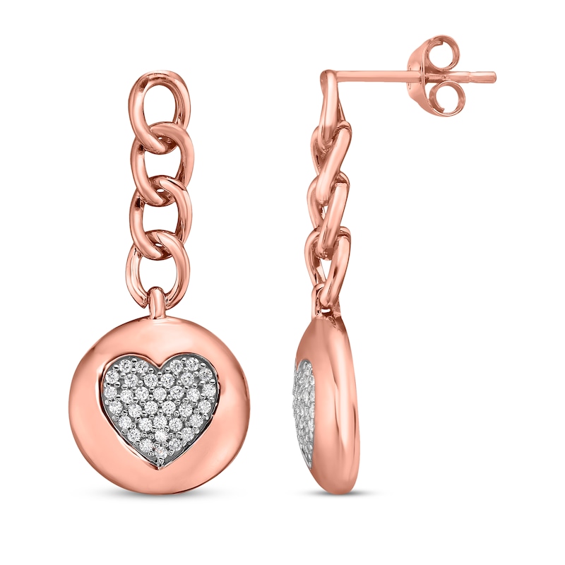 Diamond Chain Link Heart Dangle Earrings 1/4 ct tw Rose Gold Plated