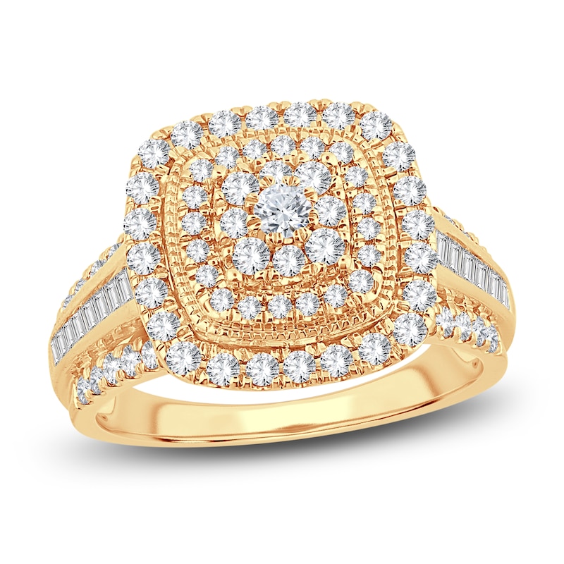 Diamond Engagement Ring 1 ct tw Round & Baguette-Cut Yellow Gold Plated