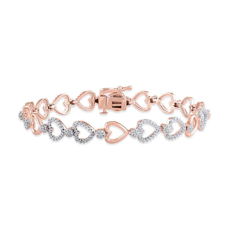 Diamond Heart Bracelet 1 ct tw Round-cut Rose Gold Plated 7"
