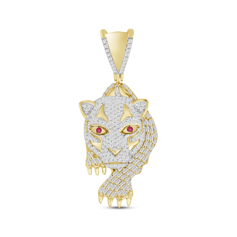 Men's Baguette & Round-Cut Diamond & Lab-Created Ruby Panther Charm 3/4 ct tw Yellow Gold Plated