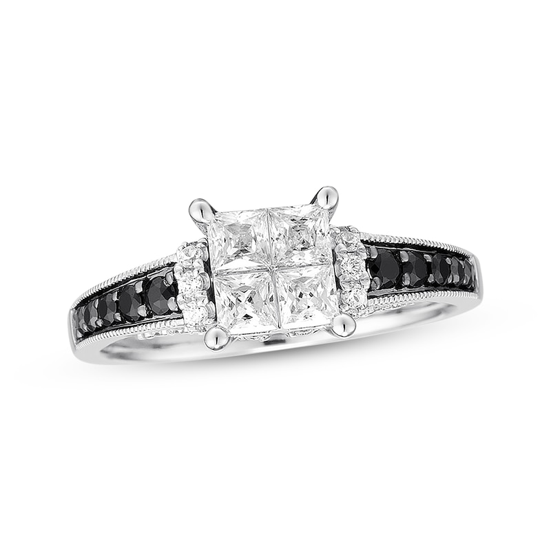 Black & White Diamond Engagement Ring 1 ct tw White Gold Plated