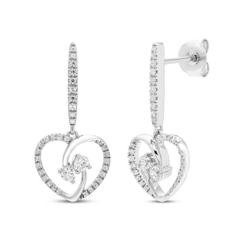 Diamond Two-Stone Heart Dangle Earrings 3/8 ct tw White Gold Plated