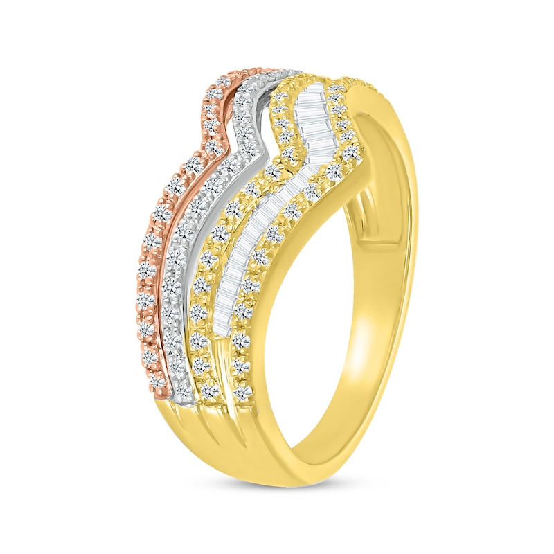 Baguette & Round-Cut Diamond Chevron Faux-Stack Ring 1/2 ct tw Tri-Tone Gold Plated