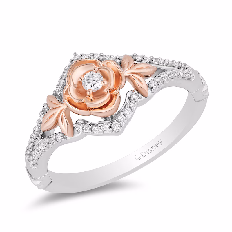 Enchanted Disney Belle 1/5 CT. T.W. Diamond Rose Split Shank Ring in Sterling Silver and 10K Rose Gold