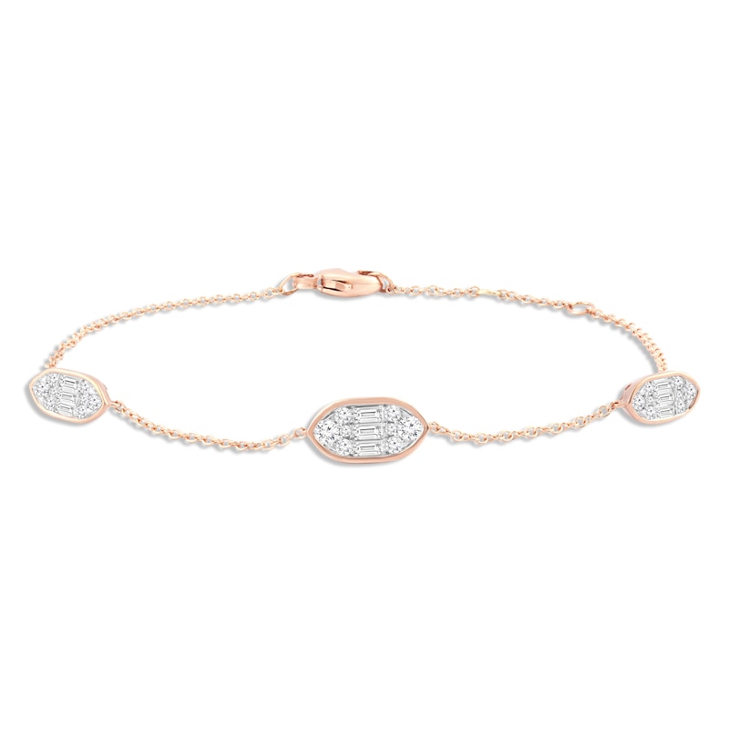 Diamond Cluster Station Bracelet 1/2 ct tw Baguette & Round-cut Rose Gold Plated 7"