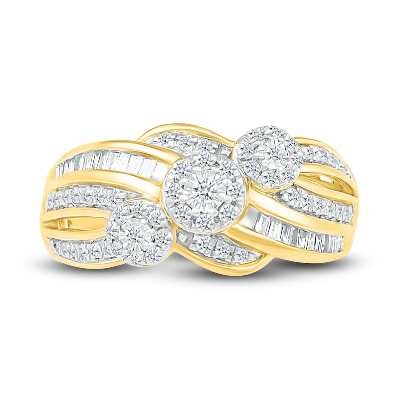 Diamond Three Flower Ring 1/2 ct tw Round & Baguette-cut Yellow Gold Plated