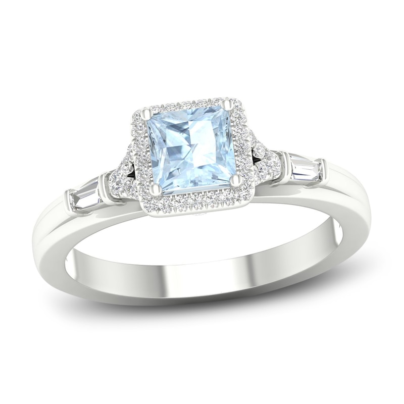 Aquamarine & Diamond Engagement Ring 1/4 ct tw Square, Round & Baguette-Cut White Gold Plated