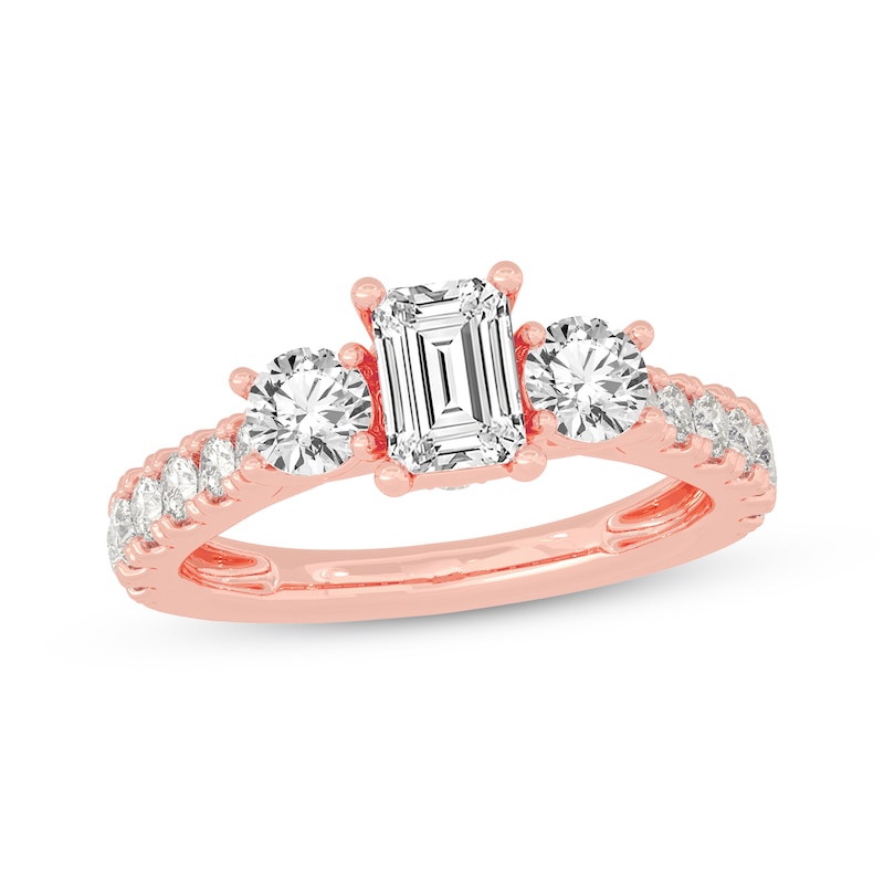 Emerald & Round-Cut Three-Stone Diamond Engagement Ring 2 ct tw Rose Gold Plated