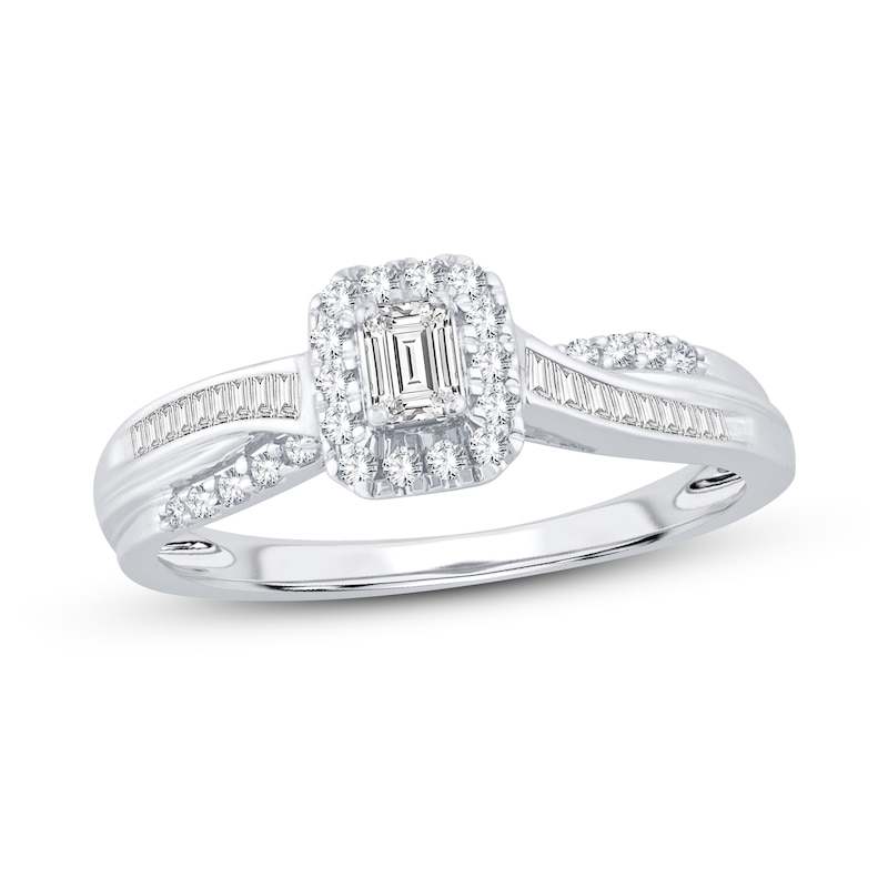 Diamond Engagement Ring 3/8 ct tw Emerald, Baguette & Round White Gold Plated