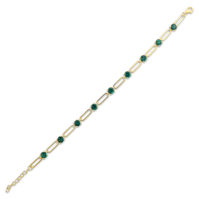 Lab-Created Emerald Paperclip Bracelet Yellow Gold Plated 8.5"
