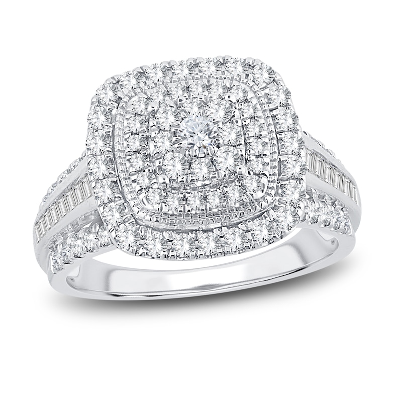 Diamond Engagement Ring 1 ct tw Round & Baguette-Cut White Gold Plated