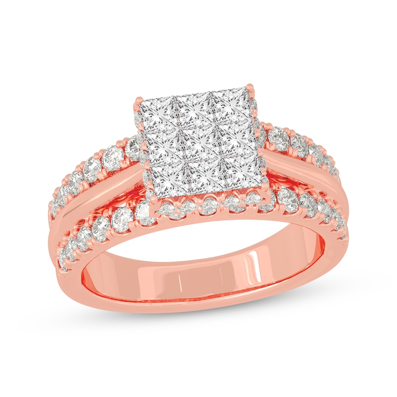 Princess & Round-Cut Multi-Diamond Center Engagement Ring 2 ct tw Rose Gold Plated