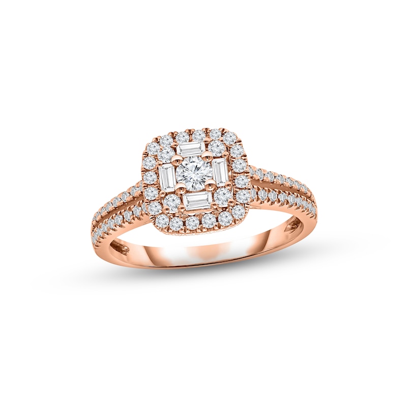 Multi-Diamond Engagement Ring 5/8 ct tw Round & Baguette-cut Rose Gold Plated