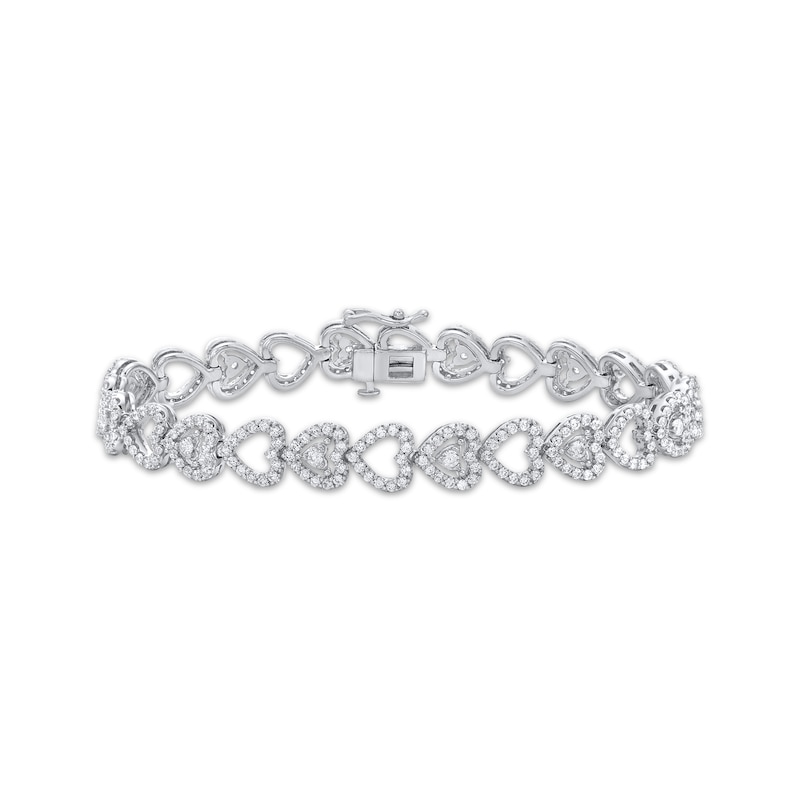 Diamond Stacked Hearts Link Bracelet 3-1/2 ct tw White Gold Plated 7"