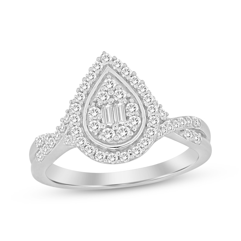 Baguette & Round-Cut Multi-Diamond Center Pear Frame Engagement Ring 3/8 ct tw White Gold Plated