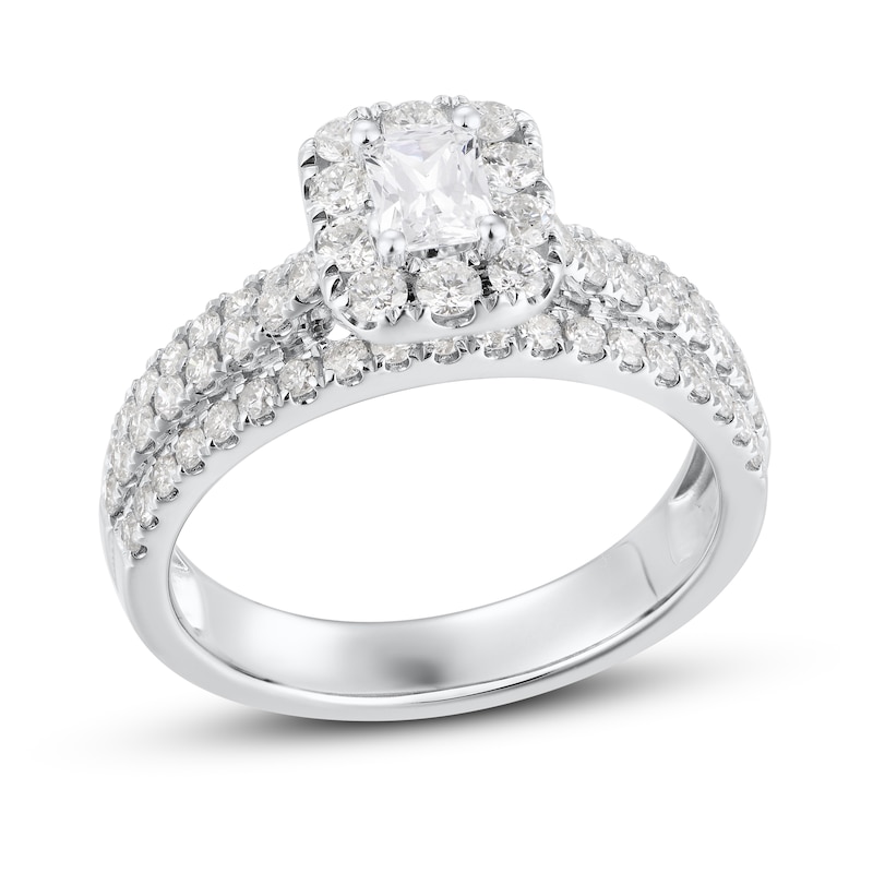 Diamond Engagement Ring 1-1/2 ct tw Radiant & Round White Gold Plated