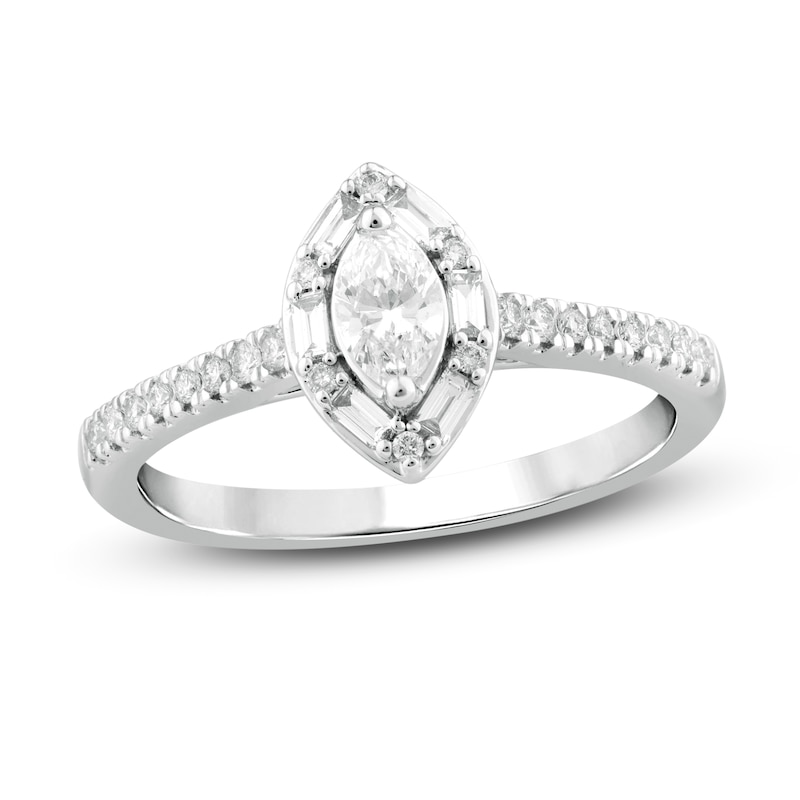Diamond Engagement Ring 1/2 ct tw Marquise, Baguette & Round White Gold Plated