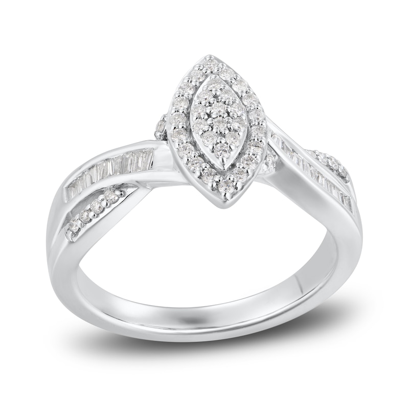 Diamond Engagement Ring 1/3 ct tw Round & Baguette White Gold Plated