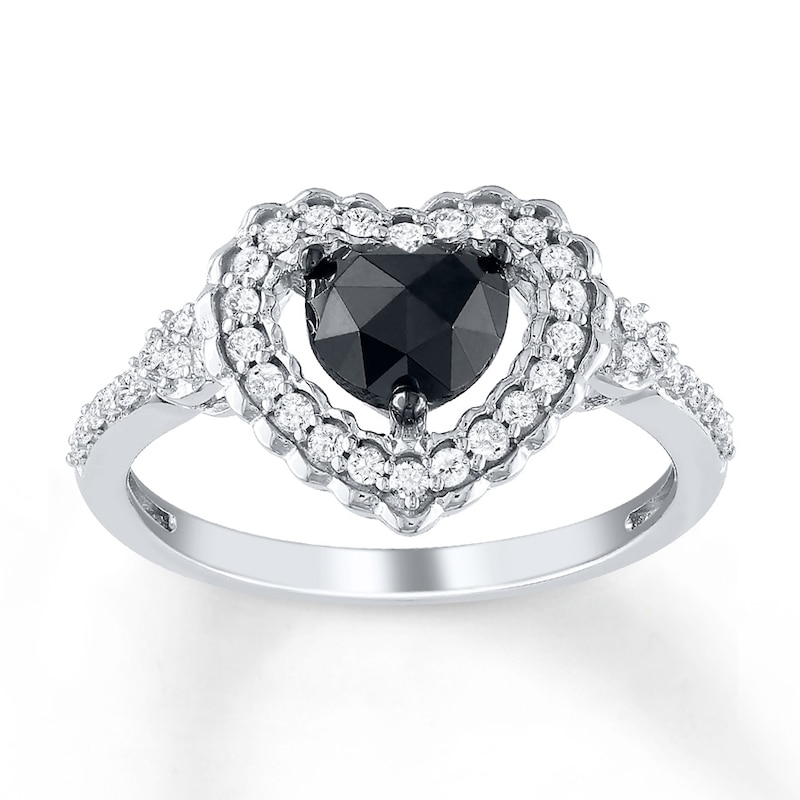 Black Diamond Ring 1 ct tw Heart-shaped White Gold Plated