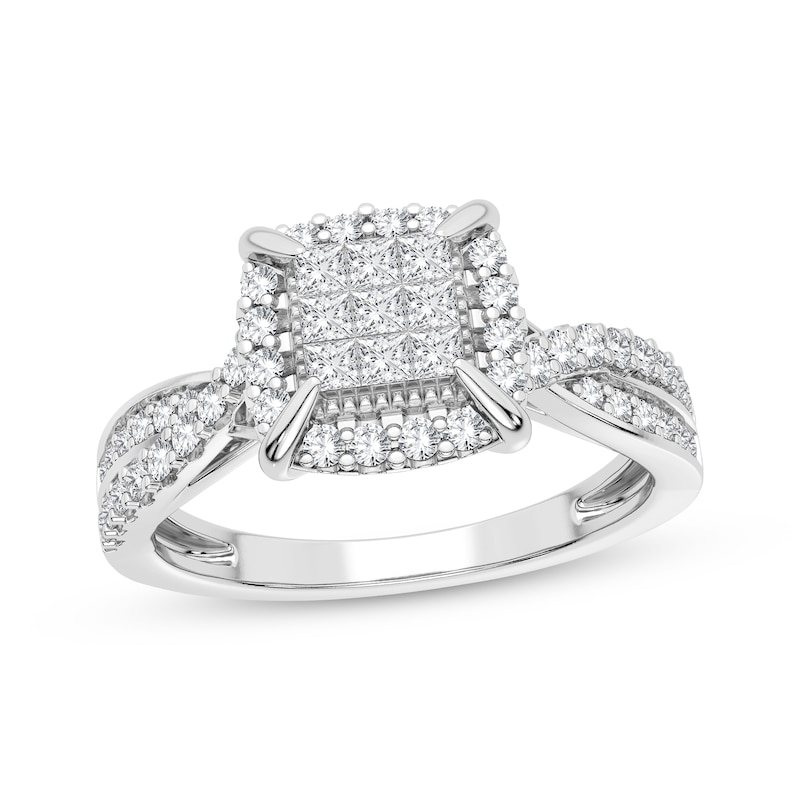 Multi-Diamond Center Engagement Ring 3/8 ct tw Princess & Round-cut White Gold Plated