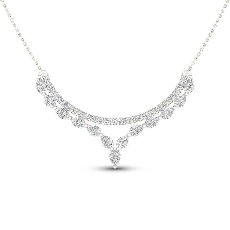 Diamond Double Row V Necklace 2 ct tw Pear & Round-cut White Gold Plated