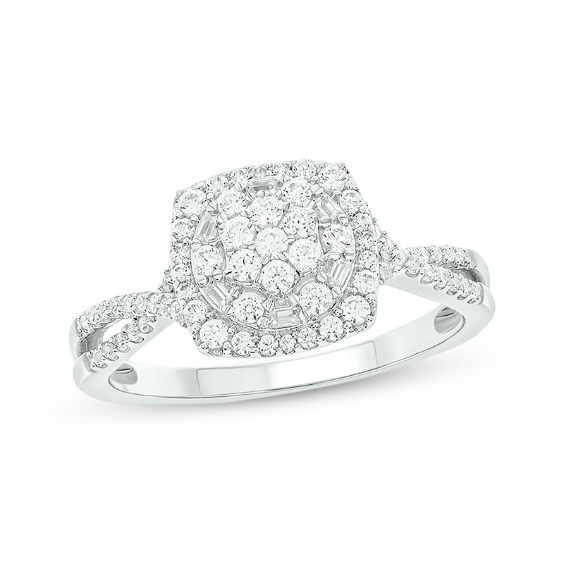 Baguette & Round-Cut Multi-Diamond Center Cushion-Shaped Engagement Ring 1/2 ct tw White Gold Plated